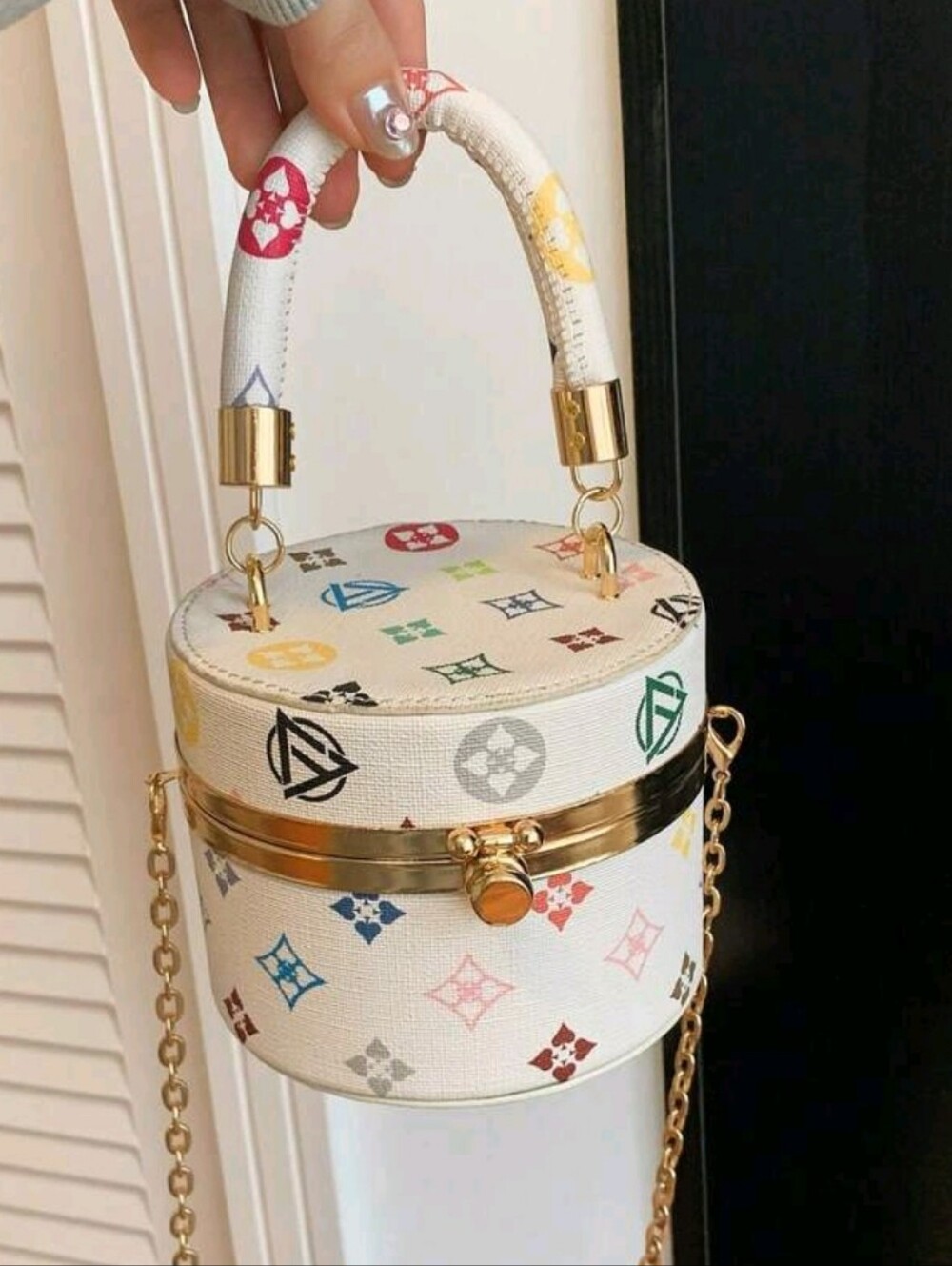 Mini White Multicolor Cylinder Crossbody Bag with Gold Hardware